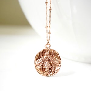 Rose Gold Honey Bee Medallion Necklace, Beaded Honey Bee  Necklace, Rose Gold Bee, Bee Necklace, I love bees, hornet, outside, Gift for her