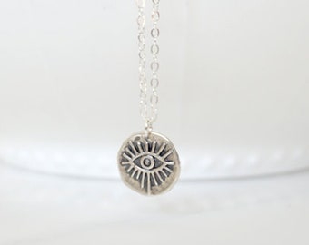 Sterling Silver Evil Eye Medallion Necklace, protective amulet, Evil Eye Necklace, Protection, Layering Necklace, Bohemian, On Trend
