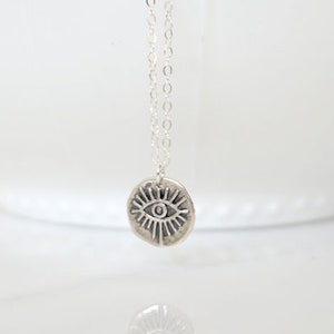 Sterling Silver Evil Eye Medallion Necklace, protective amulet, Evil Eye Necklace, Protection, Layering Necklace, Bohemian, On Trend