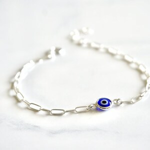 Evil Eye Bracelet Silver Chain, Blue Evil Eye Bracelet, Evil Eye paperclip bracelet, Evil Eye, Jewelry, stacking, Evil Eye Anklet