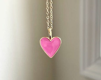 Pink Heart Necklace, Pink Enamel Heart Necklace, I Love you, layering necklace, Gift for her, Anniversary, Love, Valentine Gift, Love Gift