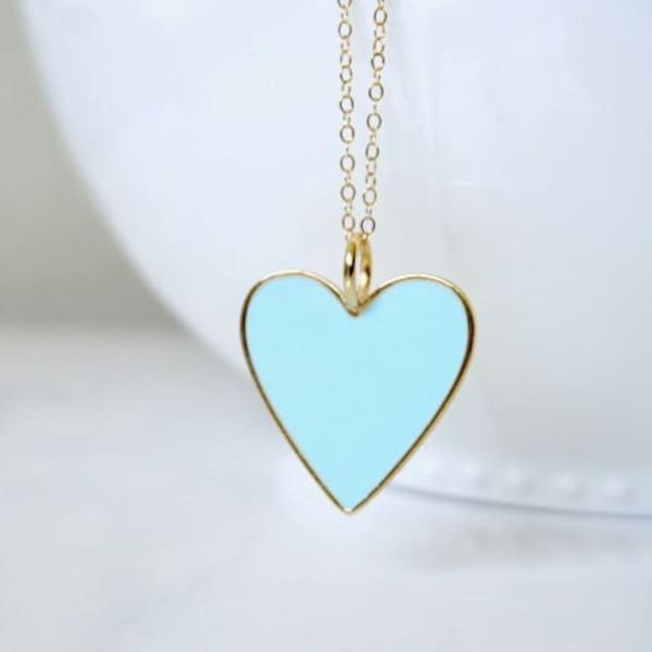 Large Gold Heart Necklace, Robin Egg Blue Enamel Heart Necklace, I Love you, layering necklace, Gift for her, Everyday Jewelry, Black Heart