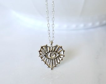 Sterling Silver Evil Eye Heart Pendant Necklace,  Evil Eye Heart Necklace, Gold Evil Eye Necklace, Thorn heart, protection, hamsa, On Trend