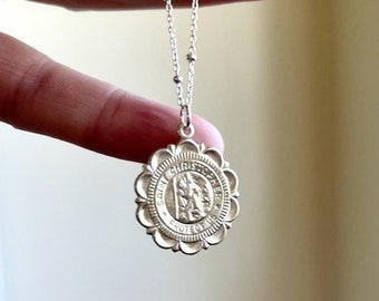 Sterling Silver Saint Christopher Necklace, 14kt gold filled medal Travelers Necklace, Gold Medallion Necklace, St Christopher, Religious