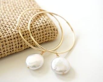 Gold Filled Hoop Pearl Earrings, Freshwater Pearl Earrings, Sterling Silver White Pearl Hoop Earrings, Coin Pearl Earrings, Mothers Gift