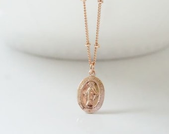 Rose Gold Filled Virgin Mary Medal Beaded Chain Necklace, Gold Filled, Sterling Silver Virgin Mary Medallion, Religious, Miraculous Medal
