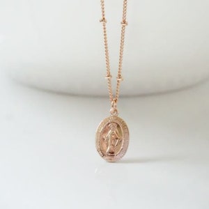 Rose Gold Filled Virgin Mary Medal Beaded Chain Necklace, Gold Filled, Sterling Silver Virgin Mary Medallion, Religious, Miraculous Medal