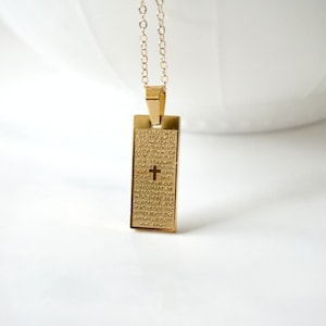 Lord&#39;s Prayer Gold Tag Pendant Necklace, Father Prayer Pendant, Engraved Lords Prayer, Communion, Confirmation, Our Father, AA, Unisex