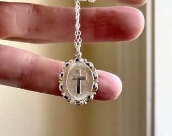 Beautiful Sterling Silver Cross Necklace, Beaded Ball Chain, Silver Cross Medallion, Coin necklace, Layering necklace, Religious Jewelry