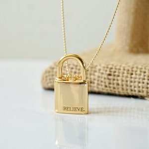 Gold Padlock Necklace with Ball Beaded Chain, Believe Gold Pad Lock Necklace, Love Lock, Layering, Padlock, Believe, Graduation, Gift Idea