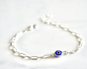 Pulsera de ojo malvado con cadena de plata, pulsera de ojo malvado azul, pulsera de clip de ojo malvado, mal de ojo, joyería, apilamiento, tobillera de ojo malvado