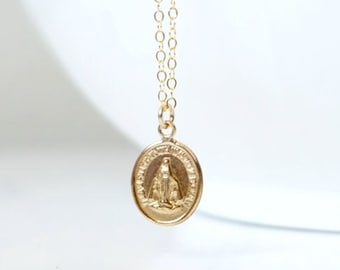14k guldfyllt ovalt Jungfru Maria-berlockhalsband, Rosenkrans, Heliga Jungfru Maria, Guadalupe, Mirakulös Medalj, Moder Maria, Religiös, Gåva till henne