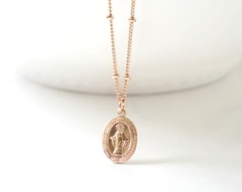 Rosegold gefüllte Jungfrau Maria Medaille Perlen-Kettenhalskette, Gold gefüllt, Sterlingsilber Jungfrau Maria Medaillon, religiöse, wundersame Medaille