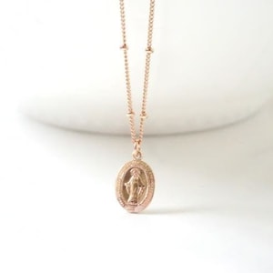 Rose Gold Filled Virgin Mary Medal Beaded Chain Necklace, Gold Filled, Sterling Silver Virgin Mary Medallion, Religious, Miraculous Medal