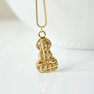 Gold Buddha Necklace, Meditating Buddha, Buddha Amulet, Spiritual Jewelry, Tranquility, Balance, Long Necklace, Gold Buddha with Box Chain