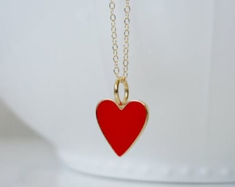 Collar de corazón de oro, collar de corazón de esmalte rojo, te amo, collar de capas, regalo para ella, aniversario, amor, joyería diaria, corazón rojo