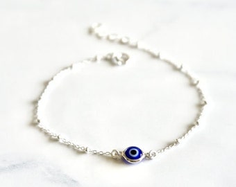 Sterling Silver Beaded Blue Evil Eye Bracelet, Evil Eye Protection Bracelet, Evil Eye Bracelet, Stacking Bracelet, Gift Ideas, Boho Jewelry