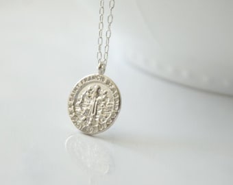 Saint Francis of Assisi Medal Necklace in Sterling Silver, Animal Lover, Artisan Greek Coin Necklace, Bohemian Jewelry, Silver Medallion