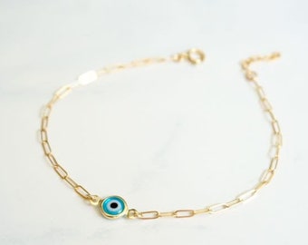 Gold Filled Paper Clip Chain Turquoise Evil Eye Bracelet, Evil Eye Protection, Red Evil Eye, Blue Evil Eye, Gold Beaded Evil Eye Bracelet