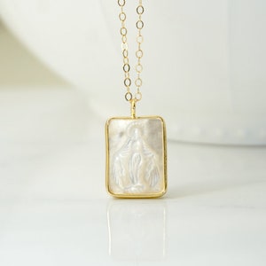In stock now! Mother Mary Made of Pearl Gold Rectangle Necklace, Virgin Mary, Mary Medal, Our Lady of Guadalupe, Miraculous Medal