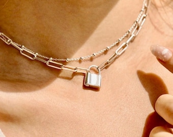 Silver Lock Necklace, Sterling Silver Paperclip Chain Love Lock Necklace, Drawn Chain, Layering Necklace, Padlock, On Trend, Multi Chain