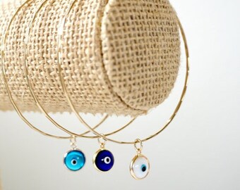 Gold Filled Hammered Bangle Bracelet with Evil Eye, Thin, Gold Filled Bangle Bracelet, 14k Gold Filled Cuff, Evil Eye Braclet, Gift for Mom