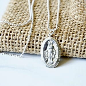 Jungfrau Maria Medaille mit Perlenkugelkette, Gold Filled oder Sterling Silber, Unisex, Großes Jungfrau Maria Medaillon, religiöse, wundersame Medaille