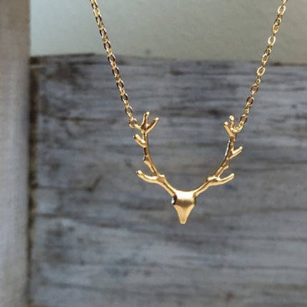 Deer Antler Necklace, Western Jewelry, Gold Deer Antler Gold Necklace, Reindeer, Elk Horns, Caribou, Deer Head and Antlers, Hunting