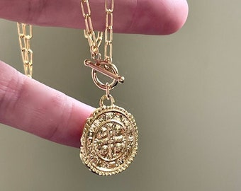 Greek Coin Toggle Paper Clip Necklace, Sterling Silver Greek Coin Paper Clip Toggle Necklace, Chain Link, Medallion, Large Oval Chain
