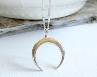 Sterling Silver Moon Necklace, Sterling Silver Double Horn Necklace, Sterling Silver Satellite Chain Moon Necklace, Silver Tusk Necklace