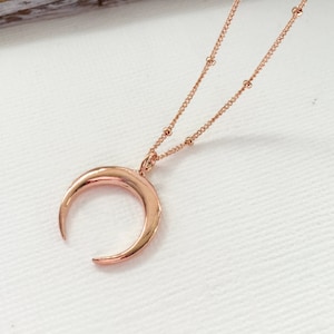 Rose Gold Cresent Moon Necklace, Rose Gold Double Horn Necklace, 14kt Rose Gold Satellite Chain Crescent Moon Necklace, Double Horn Necklace