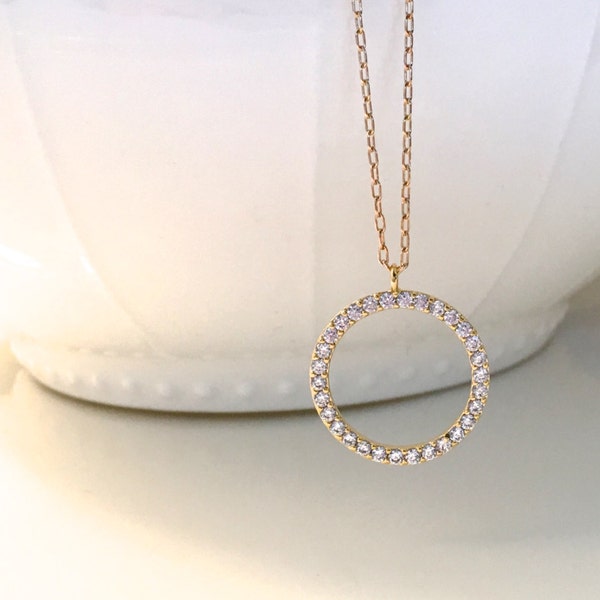 Gold Pave Circle Necklace, Round Silver Pave Circle Necklace, Mother Daughter gift, Open Circle Necklace, Gold CZ Circle Necklace