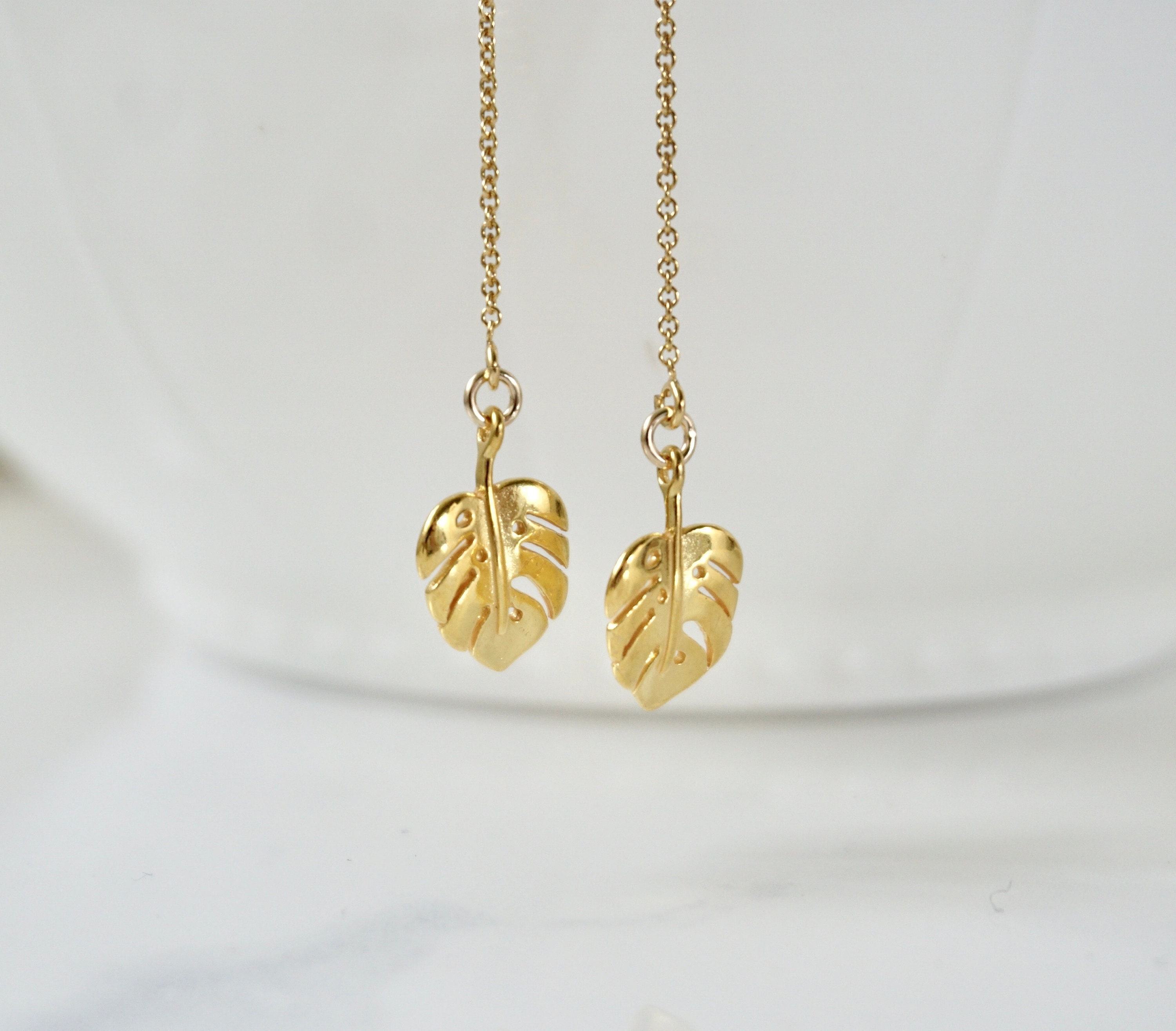 Gold Monstera Earrings, Leaf Threader Earrings, Silver Palm Leaf…