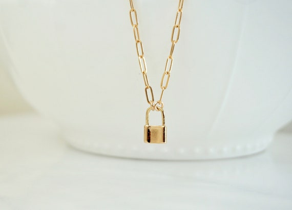 Padlock Necklace With Long Drawn Chain Gold Small Lock 