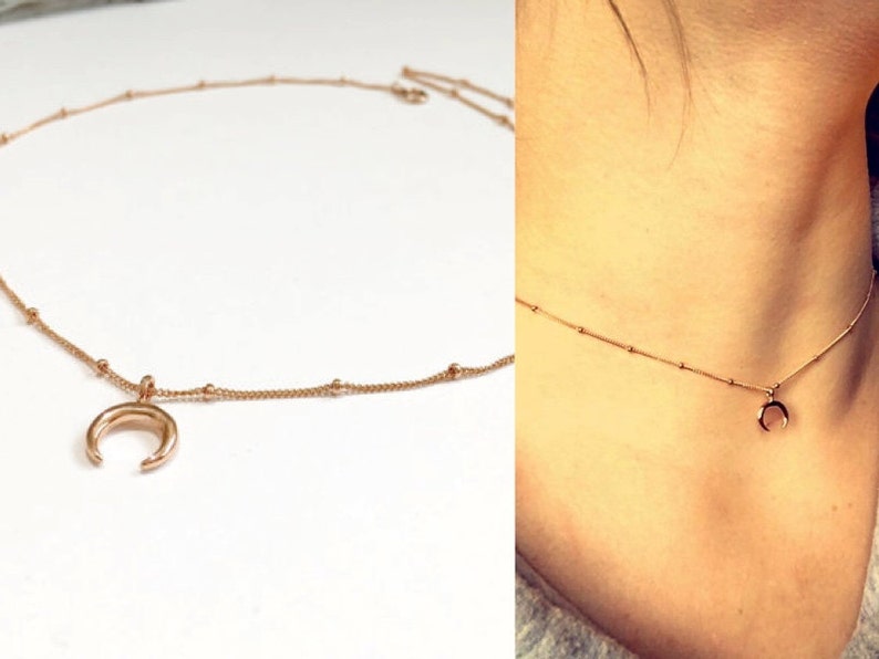 Gift for her under 30 Beaded Chain Choker Rose Gold Beaded Chain Choker Gold Beaded Choker Sterling Silver Moon Double Horn Choker