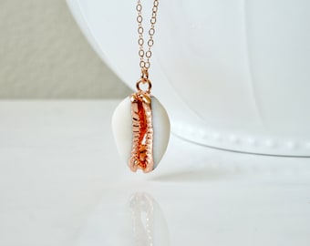Real Natural 24k Rose Gold Dipped Cowrie Shell Pendant Necklace, Natural Rose gold dipped shell pendant, Cowrie shell, Shell Necklace