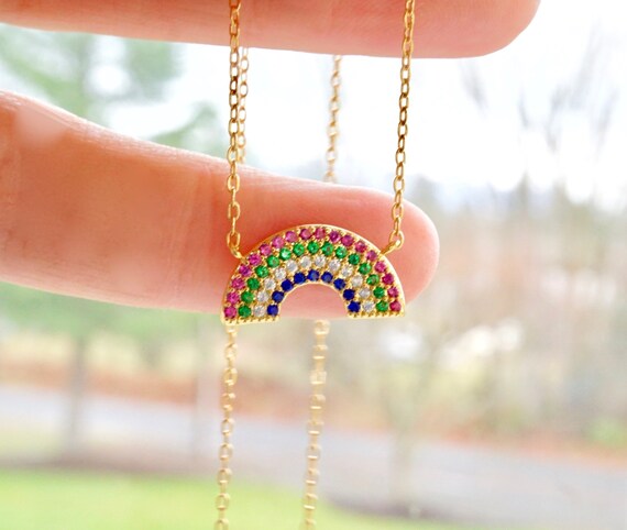 Rainbow Necklace Gold Rainbow CZ 
