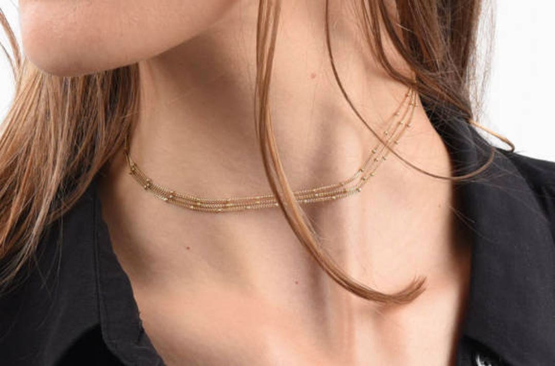 Beaded Layering Necklace, Gold Beaded Necklace, Multi Strand Neckalace