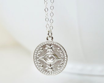 Sterling Silver Evil Eye Necklace, Evil Eye Necklace, Silver Medallion, Layering Necklace, Gift for her, Protection, Good Luck, Boho Chic