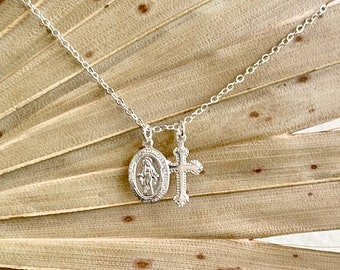 Sterling Silver Virgin Mary and Cross Necklace, Gold Filled Mary
