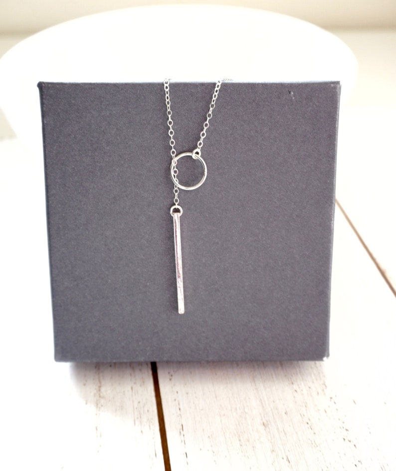 Sterling Silver Drop Bar Lariat, Lariat Necklace, Ring and Bar Lariat, Bar Necklace, Y Necklace, Bohemian Jewelry, Long Necklace, Gold Bar image 3