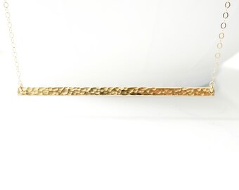14kt Gold Filled Bar Necklace, Long Horizontal Gold Bar Necklace, Hammered Bar Necklace, Layering Necklace, Bohemian Jewelry, On Trend