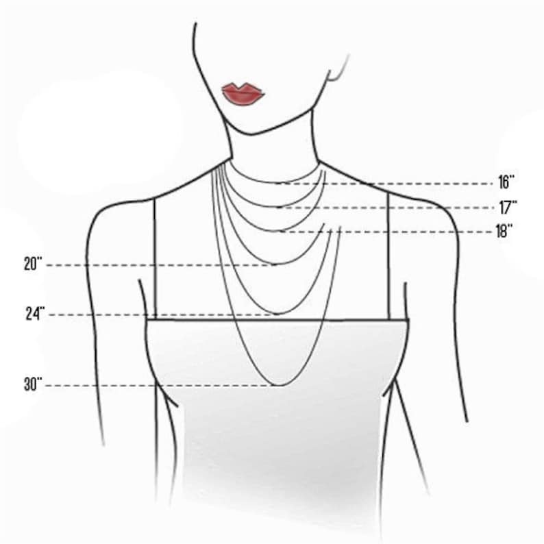 May include: Diagram showing different necklace lengths on a model. The lengths are 16 inches, 17 inches, 18 inches, 20 inches, 24 inches, and 30 inches.