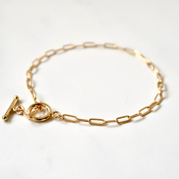 14kt Gold Fill Paper Clip Chain Bracelet, Toggle or Lobster Clasp, Sterling Silver Drawn Bracelet, 14kt Rose Gold Filled Paperclip Bracelet