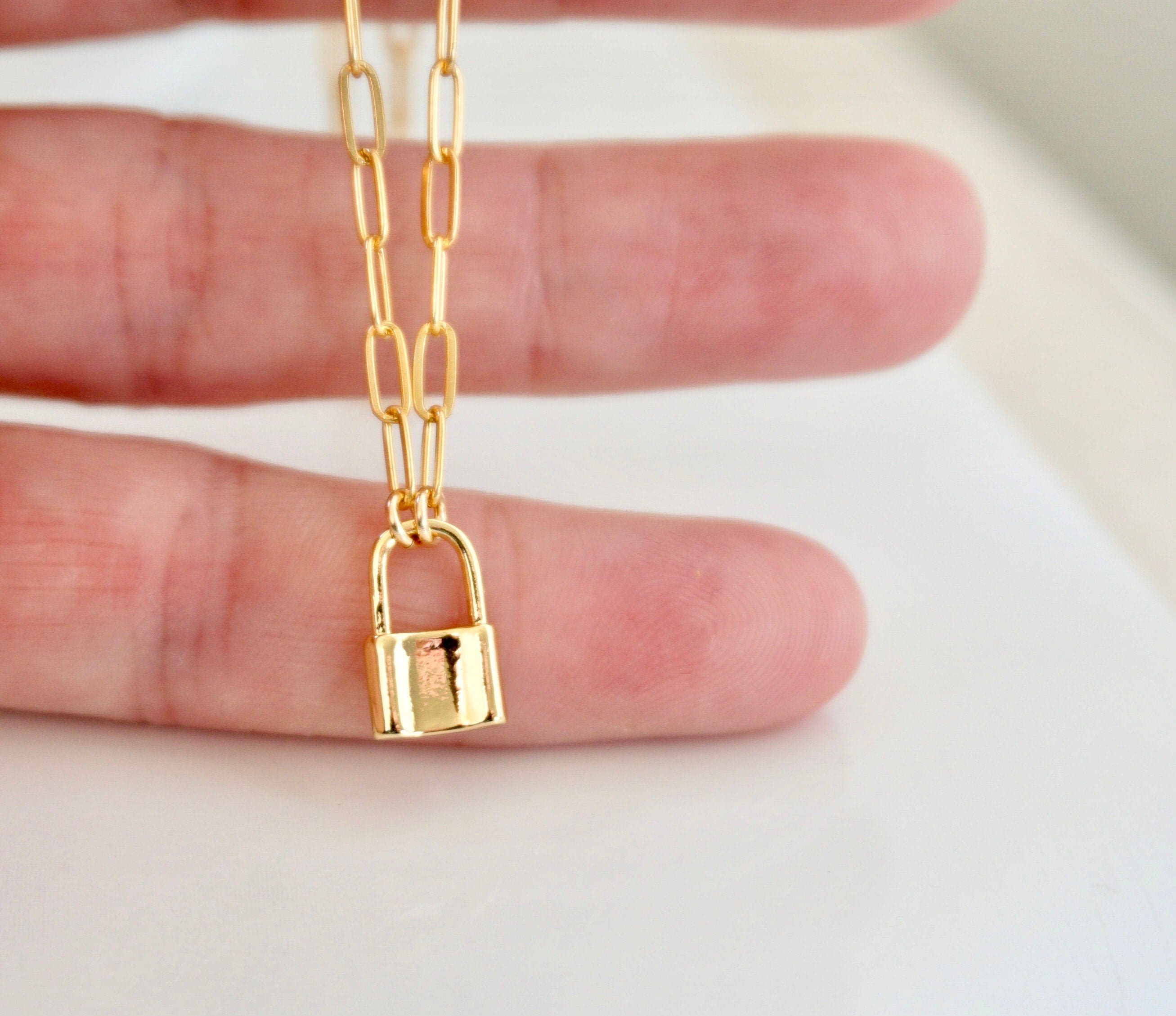 Padlock Necklace With Long Drawn Chain Gold Small Lock Etsy
