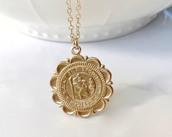 Saint Christopher Necklace, Sterling Silver Saint Christopher Necklace, Gold Filled St Christopher, Medallion Jewelry, Layering Jewelry