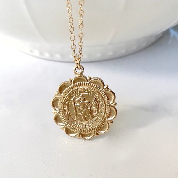 Saint Christopher Necklace, Sterling Silver Saint Christopher Necklace, Gold Filled St Christopher, Medallion Jewelry, Layering Jewelry