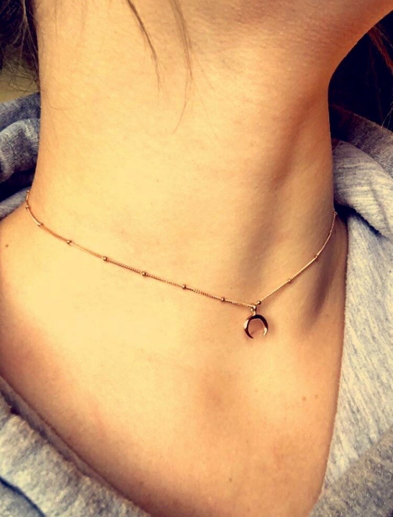 Gift for her under 30 Beaded Chain Choker Rose Gold Beaded Chain Choker Gold Beaded Choker Sterling Silver Moon Double Horn Choker