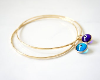 Gold Filled Hammered Bangle Bracelet with Evil Eye, Thin, Gold Filled Bangle Bracelet, 14k Gold Filled Cuff, Evil Eye Braclet, Gift for Mom