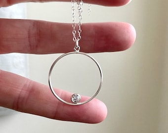 Gold Filled Circle Necklace with Floating Diamond, Sterling Silver necklace, Diamond circle necklace, Gift for Her, I love you Necklace